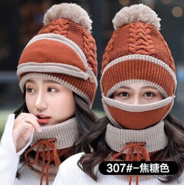 Nueva de Otoño Invierno, gorro para mujer, gorro de punto cálido, bufanda a prueba de viento, gorro multifuncional, bufanda, conjunto de accesorios de ropa, traje: caramel