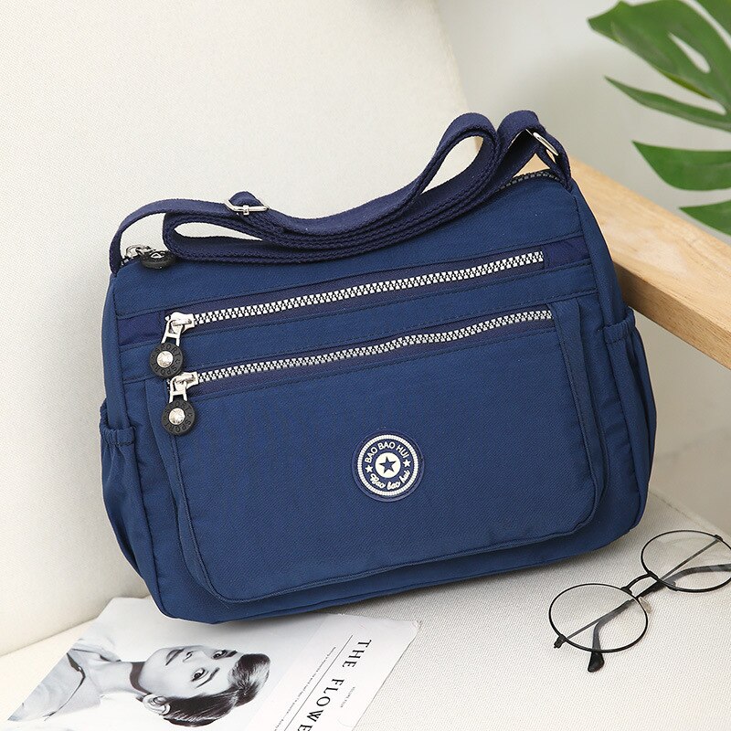 Multi Pocket Handbag Waterproof Nylon Shoulder Bags Zipper Large Capacity Travel Female Crossbody Bags Female Multilayer: Blue