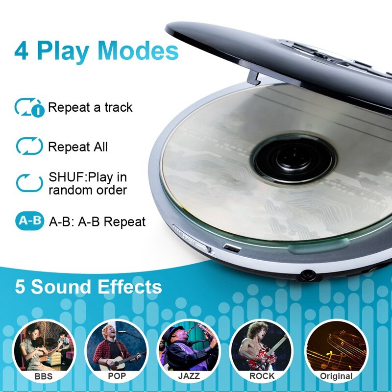 Portable CD Player Shockproof Hifi Music Player with Earphone Reproductor CD Lecteur Walkman Player for Car