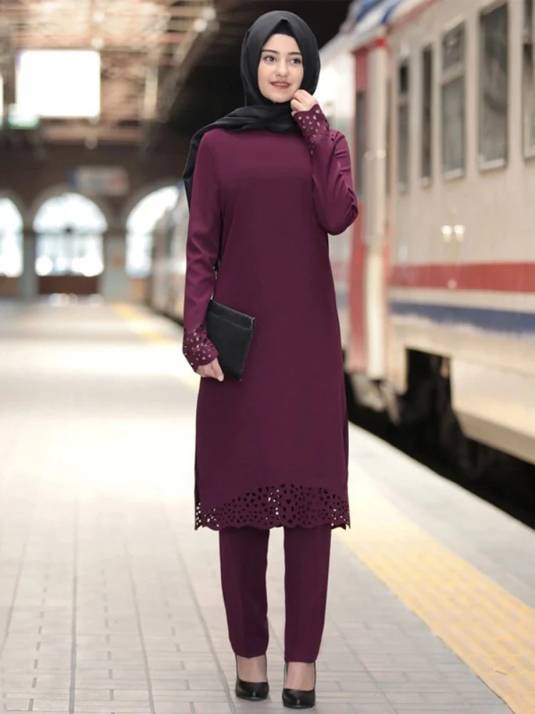 M -4xl todelte sæt toppe og bukser kvinder kalkun muslimsk abaya split kjoler ramadan marokkansk kaftan islamisk tøj: Xxxl / Blå