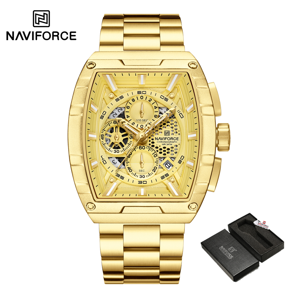 NAVIFORCE zegarek kwarcowy dla mężczyzn moda wodoodporny świecący chronograf zegarek Auto data pasek ze stali nierdzewnej zegar prezent: YELLOW