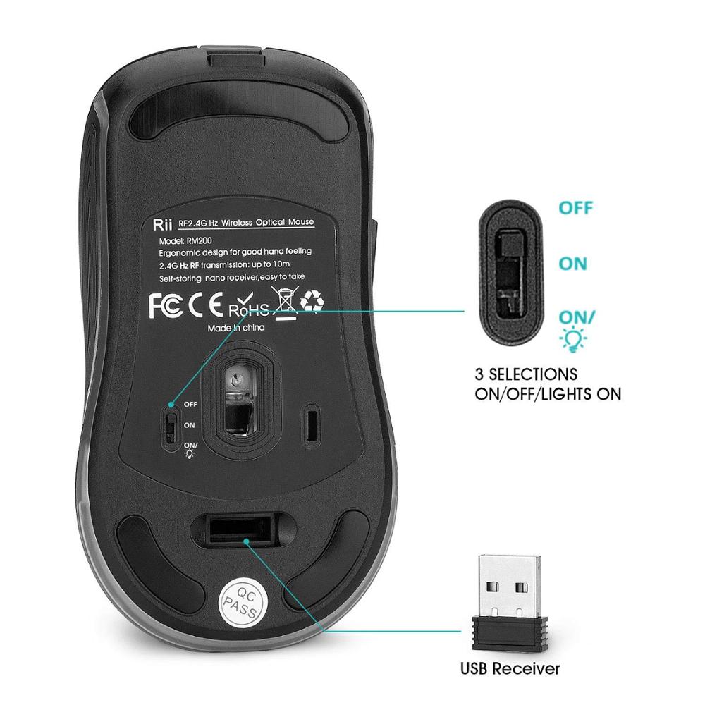 Rii RM200 2.4G Draadloze Muis 5 Knoppen Oplaadbare Mobiele Optische Muis met USB Nano-ontvanger, 3 verstelbare DPI Niveaus voor PC