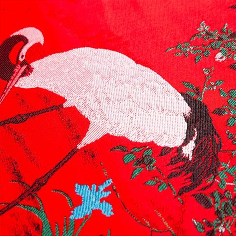 75X100 Cm Rood-Kraanvogel Geluk Betekenis Jacquard Patroon Brocade Polyester Stof Voor Kimono