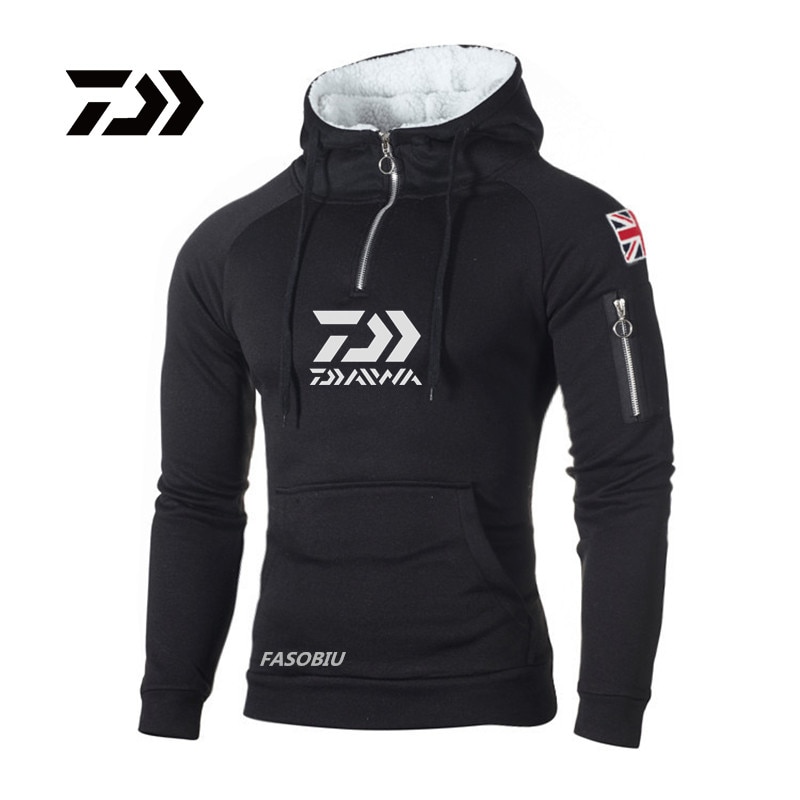 Daiwa Fishing Hoodie Men Winter Warm Fishing Sweatshirt Men Fishing Shirt Coat Fishing Jacket Men Sport Wear Fishing Clothing: L / Black