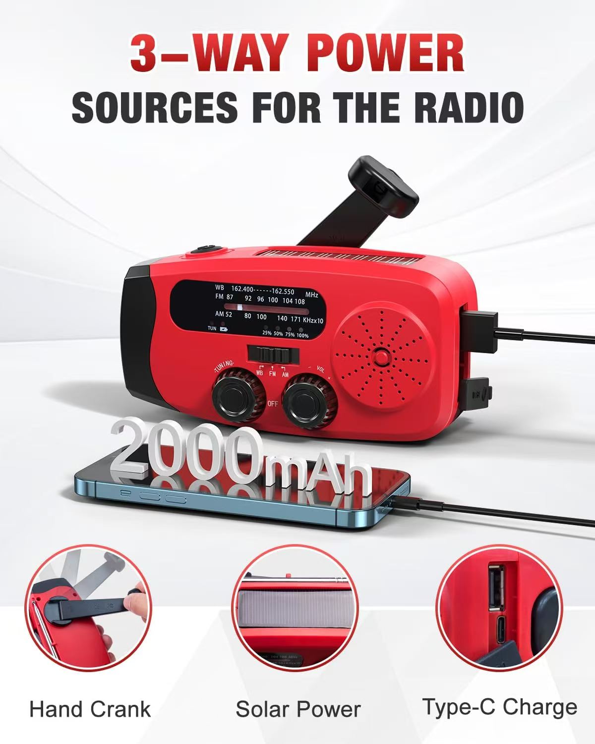 Emergency Solar Hand Crank Solar Radio with LED Flashlight for camp, AM/FM Portable Radio 2000mAh power bank Charging light