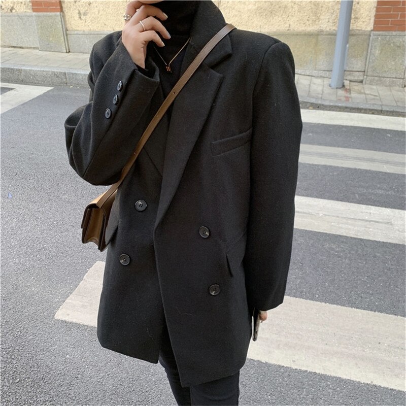 HziriP OL-Chaqueta de lana gruesa acolchada con muescas para mujer, Blazer minimalista, Tops de otoño e invierno, abrigo informal holgado: black