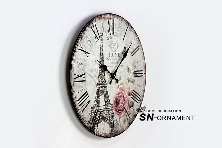 Paris Eiffel Tower Digital Wall Clock England Circular Wood Clocks coffee shop restaurant Bar Decor