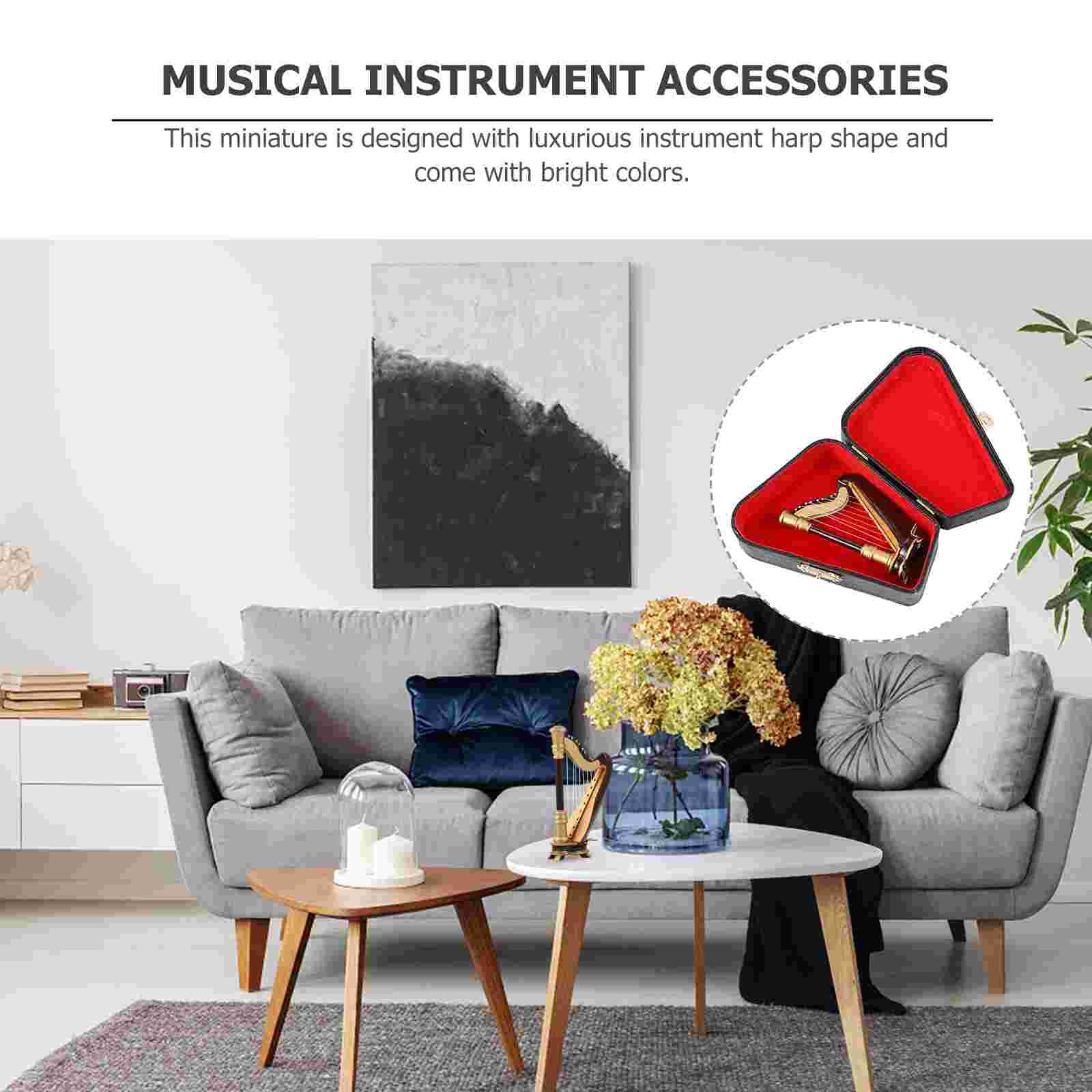 Mini Harp Model Wooden Harp with Box Musical Instrument Replica Table Ornament