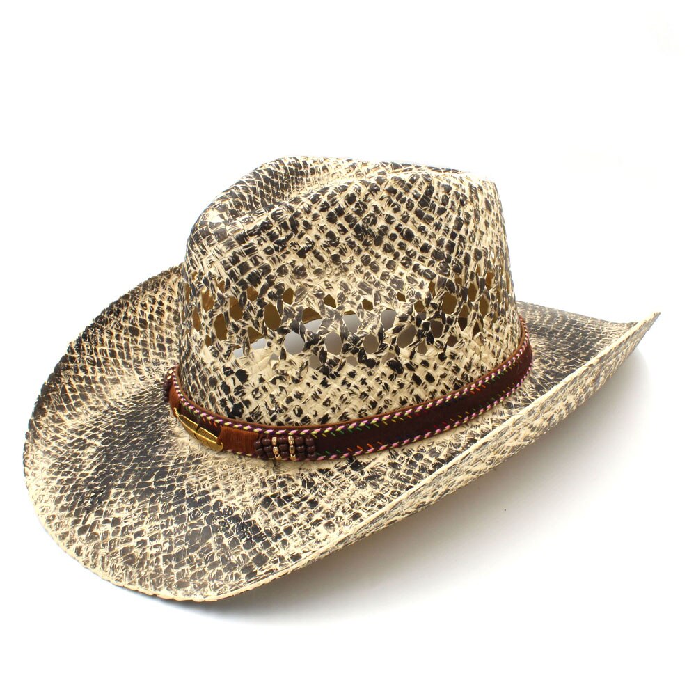 Sombrero de paja para Hombre y mujer, Sombrero de cowboy hecho a mano del Oeste, Sombrero de playa tejido para Hombre, Sombrero de Jazz para vaquera, cinta de hojas Punk, tamaño 56-58CM