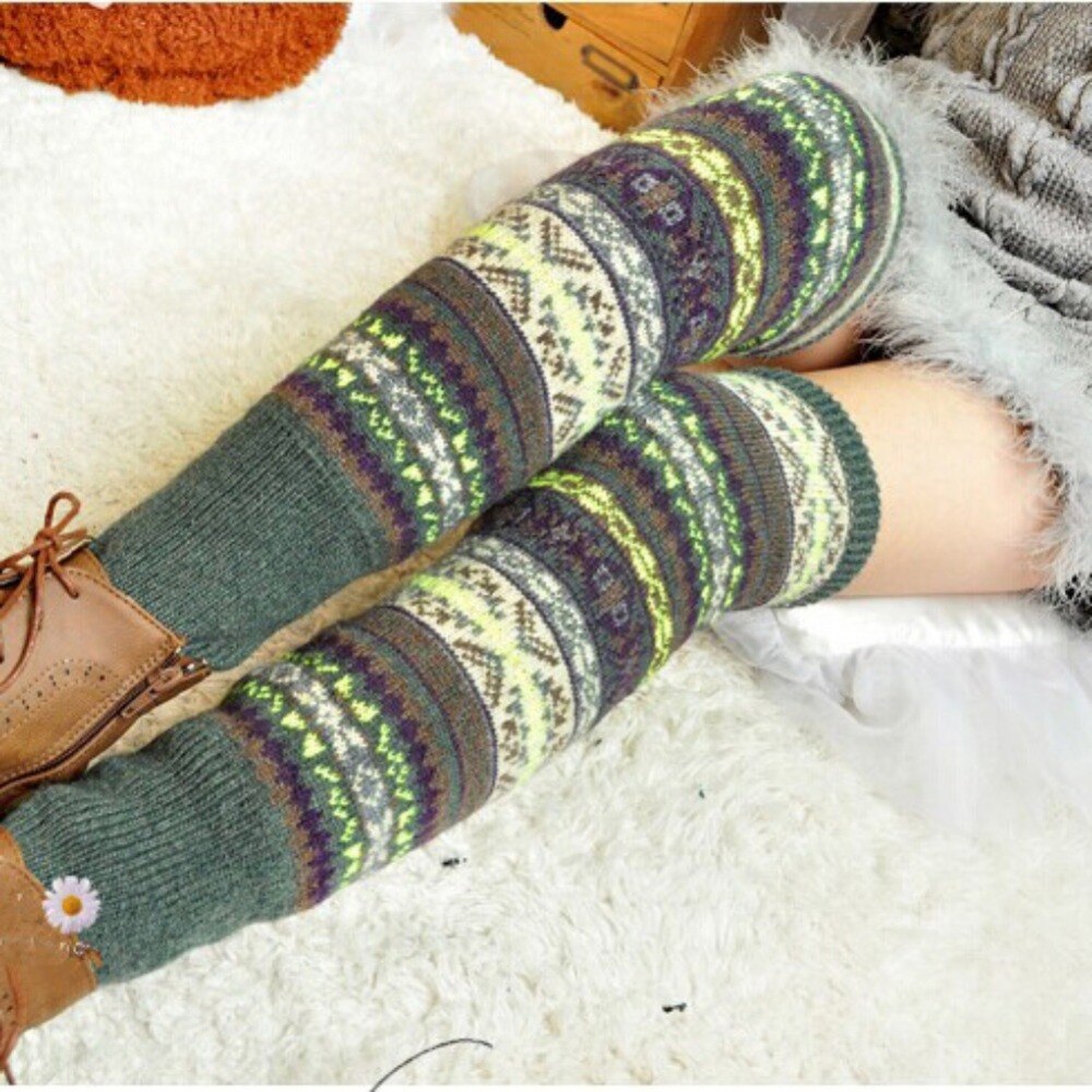 Winter Over Knie Lange Knit Cover Haak Beenwarmers Legging Chic Warm Gestreepte Calentadores Pierna Mujer Dij Stulpe Beenwarmers