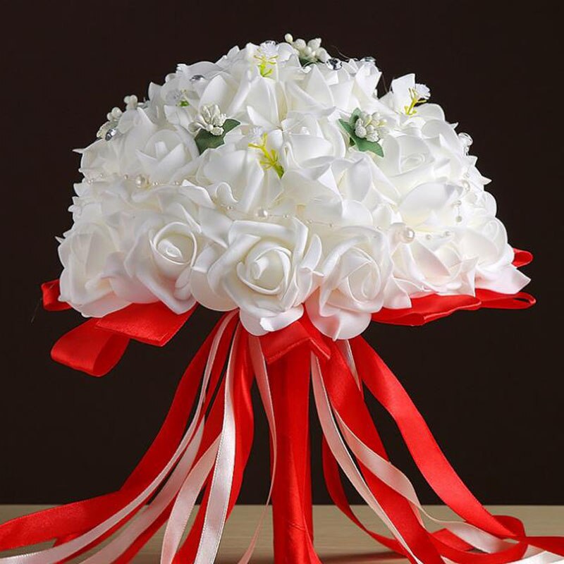 Bride wedding bouquet flower simulation flower white rose bouquet white red hand throw flower