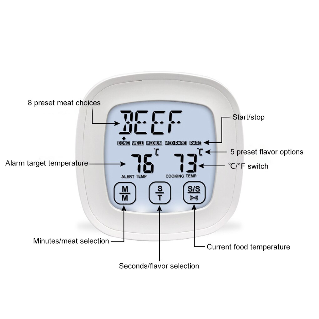 Barbecue Thermometer Digital Display Temperature Gauge Heat-resistant Portable Outdoor Picnic Probe Detector Meter