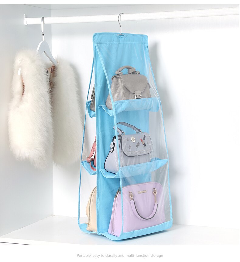 Dobbelt sider hængende opbevaringspose garderobe skab bøjle håndtaske holder arrangør til taske tøj sko: Himmelblå