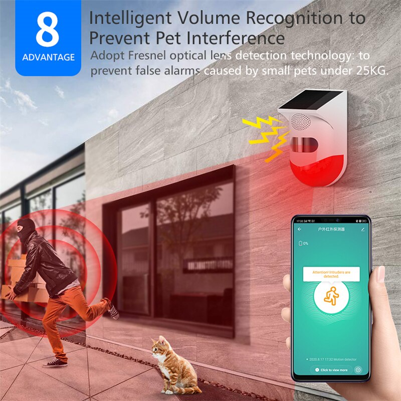 WiFi Infrared Alarm Solar Indoor and Outdoor Infrared Alarm 120dB Solar Remote Control for Home Security System