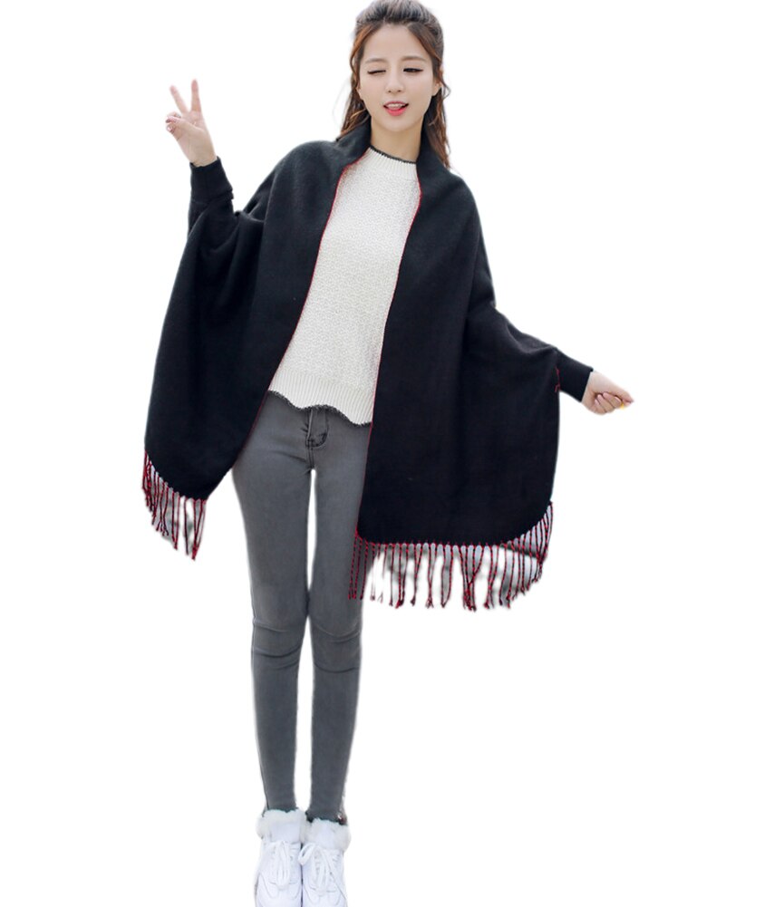 Otoño casual borla de punto Ponchos cachemir Batwing Capes Cardigan abrigo señora Streetwear capa flecos Poncho chal bufanda
