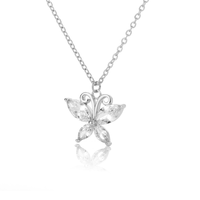 Cubic zircon butterfly necklaces for women, stainless steel gold butterfly pendant charm necklace, girls' birthday jewelry: Silver color