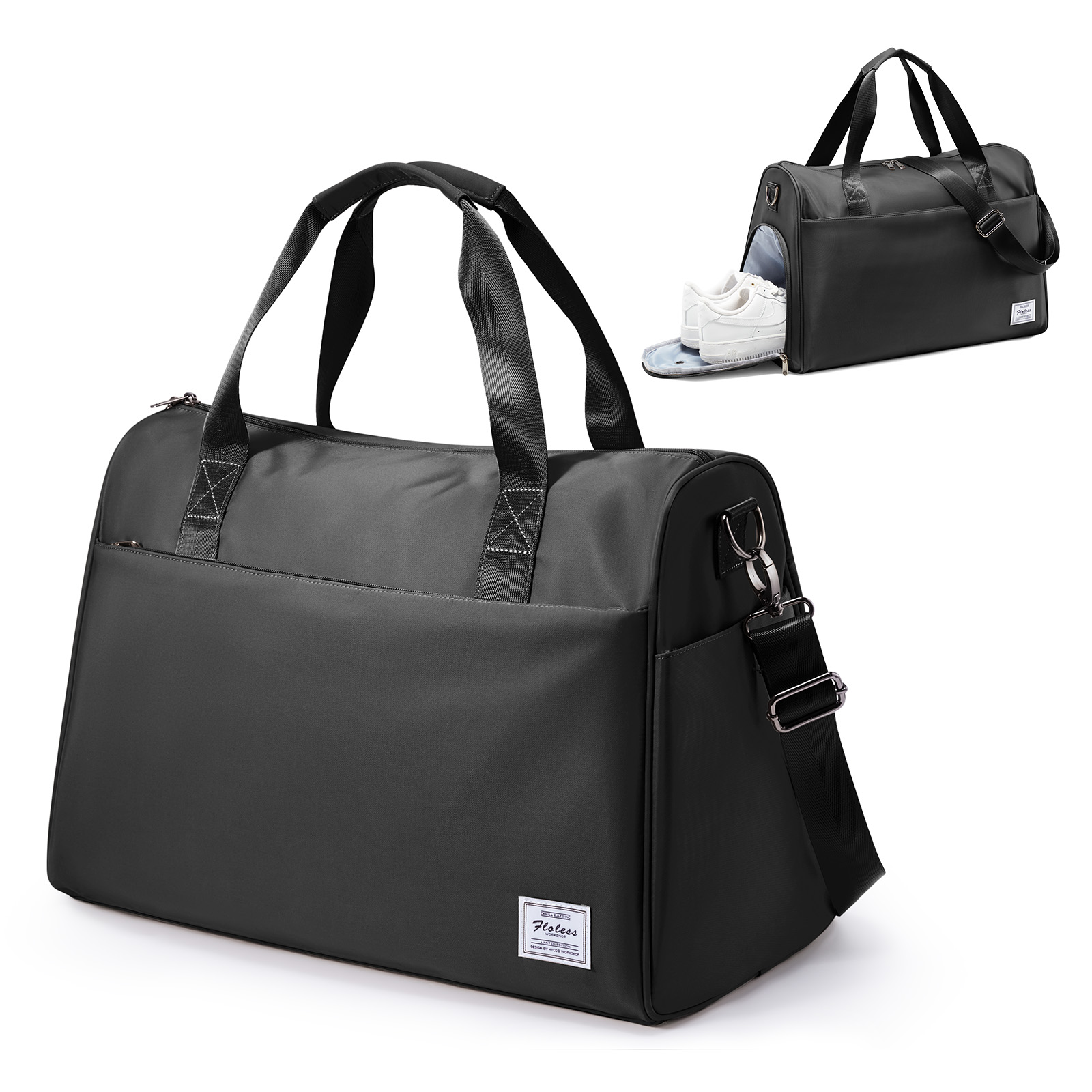 Bolsa de viaje para hombre, bolsa de equipaje con compartimento para zapatos, impermeable, para gimnasio, de noche, para avión: Negro