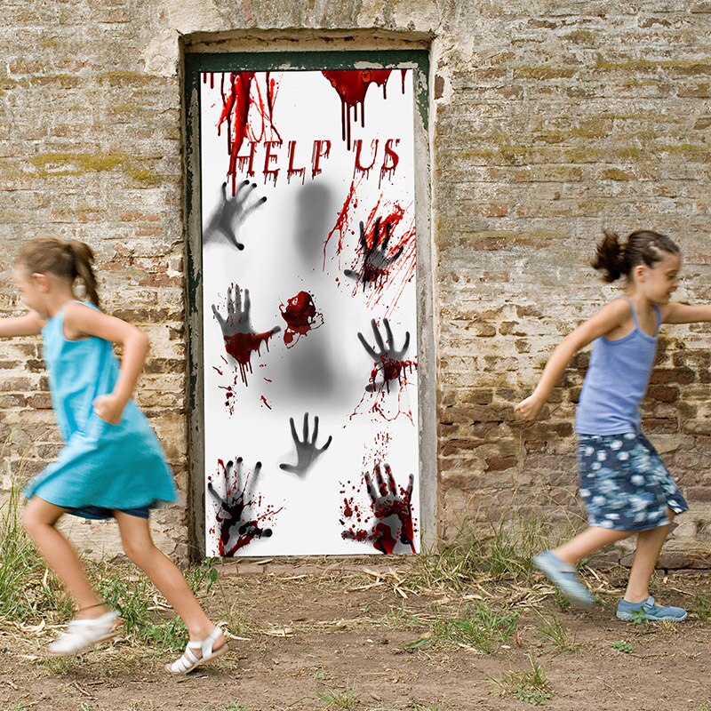 Halloween Door Sticker Bloody Hand Foot Print Stickers Self-adhesive Scary Room Art Decor Party Wall Decal Floor Door Decor