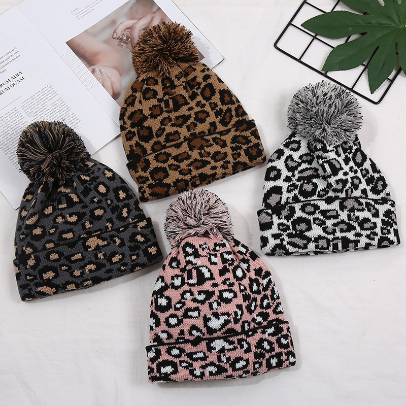 Bonnet imprimé léopard pour femmes | Bonnet tricoté, automne, chapeau avec pompon Pom, , automne , Ski, nouvelle casquette de Ski,