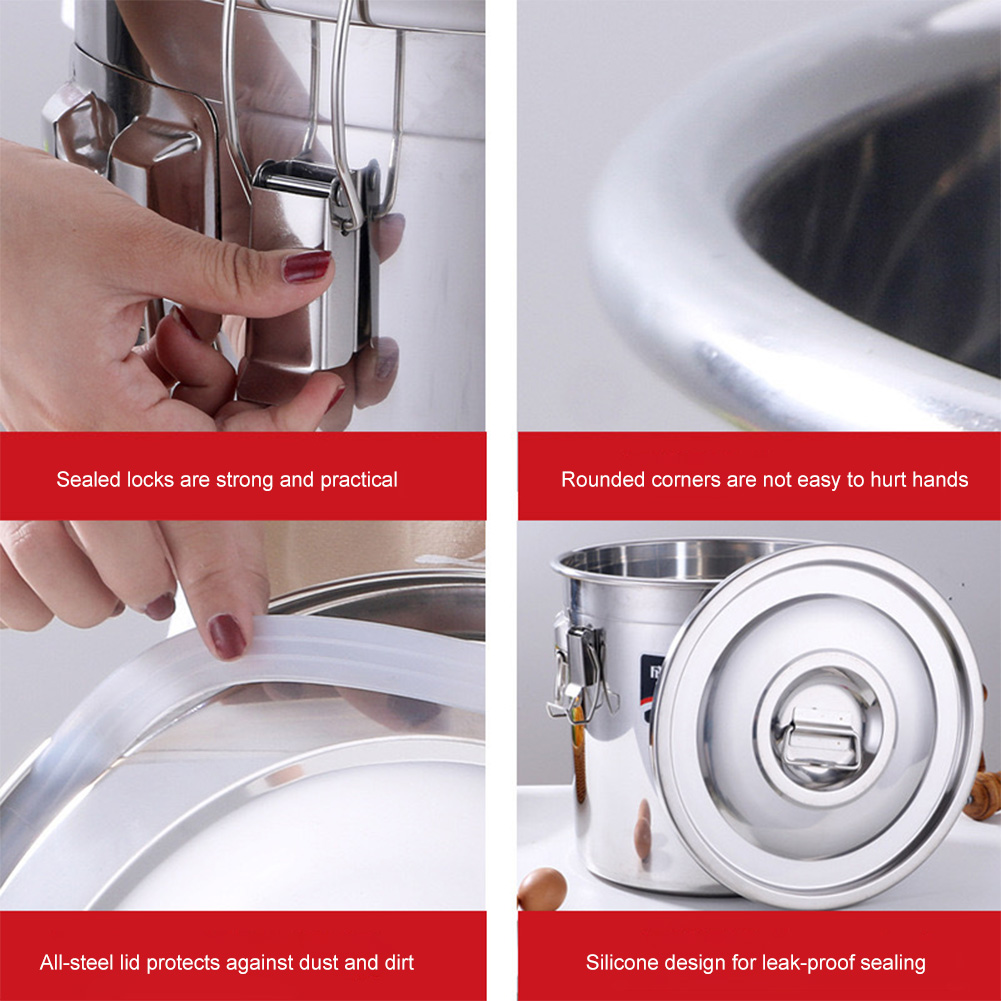 Recipiente hermético de acero inoxidable 304 de 6/12/21/33L con tapa sellada, Cubo de almacenamiento de leche, azúcar y aceite de alimentos con asas para el hogar y la cocina