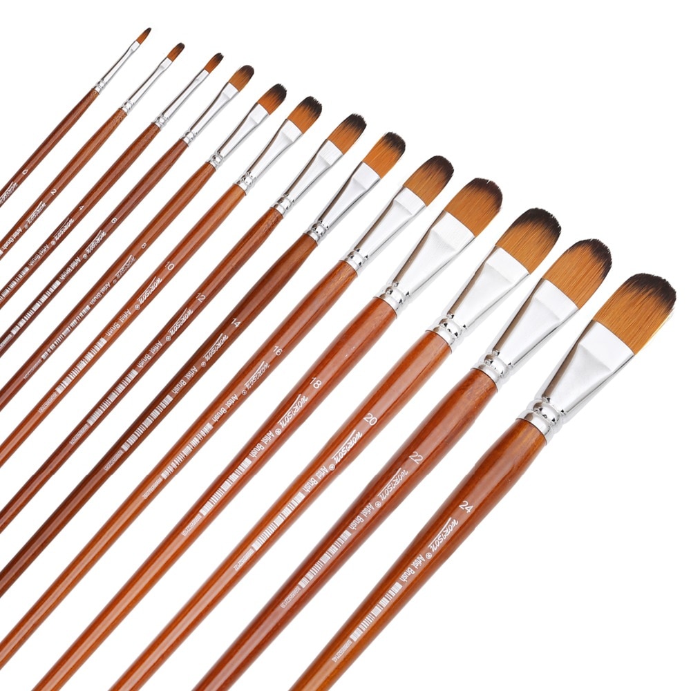 Dainayw 13pcs Filbert Brushes Long Handle Paint Brushes Watercolor Painting Brush For Oil Acrylic Nylon Hair