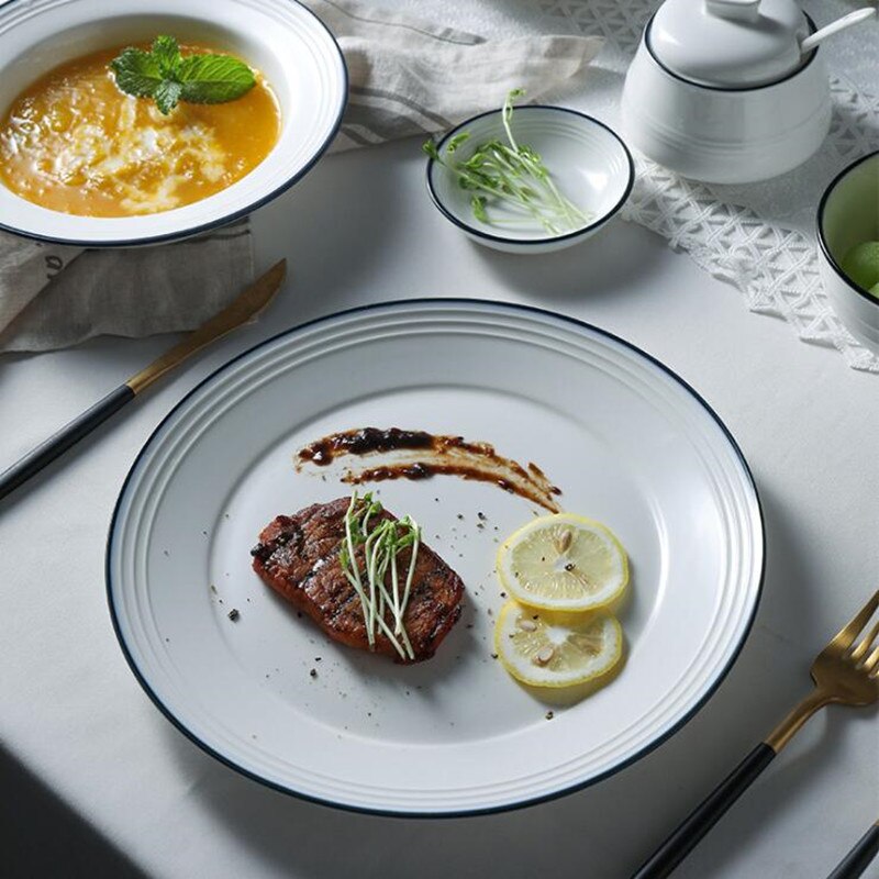 White screw Thread Dinner Plate Ceramic Kitchen Plate Tableware Set Food Dishes Rice Salad Noodles Bowl Soup Bowl 1pc