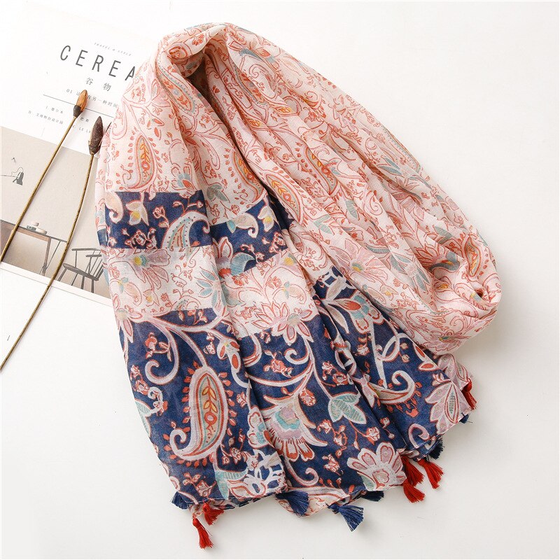 Bufanda de algodón con estampado Floral para mujer, Hijab femenino, con borlas, para la cabeza, para primavera