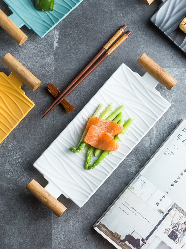 Nordic Ceramic Rectangular Sushi Long Plate Dessert Cake Snack Salmon Roast Meat Chicken Wings Plate With Handle Dinnerware