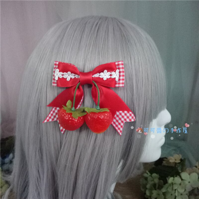 Lolita aardbei hoofdtooi side map eendenbek clip zachte zus Japanse meisje Lori Lolita verse dubbele paardenstaart haarspeld: Red