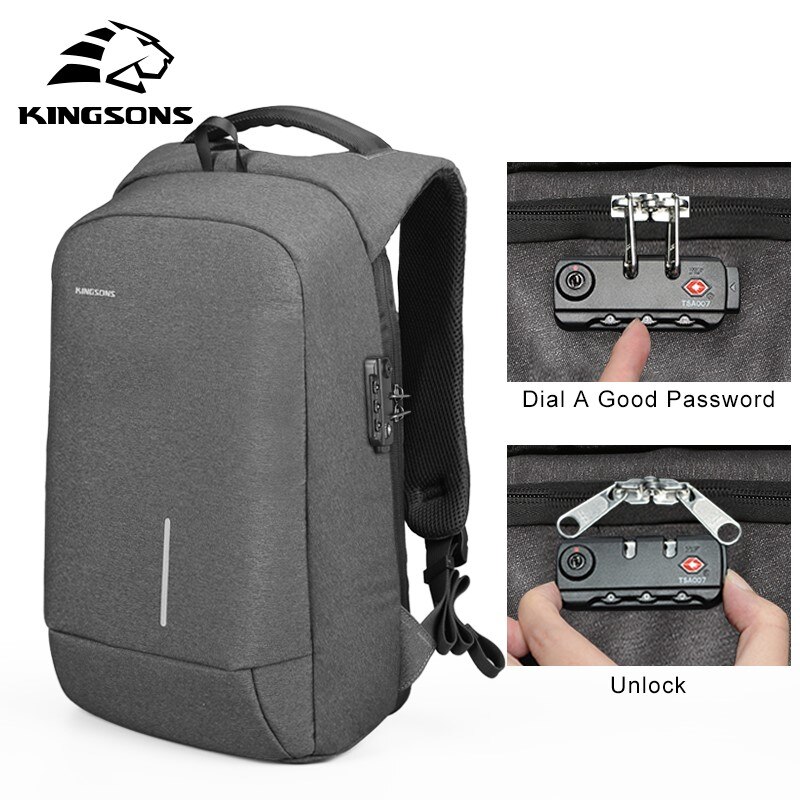 Kingsons KS3149W 13.3 15.6 inches External USB Charging Laptop Backpacks School Backpack Bag Men Women Travel Bags: black gray lock / 15.6 inch