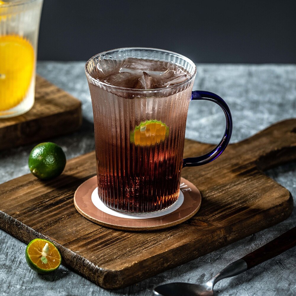 Vertikal konsistens frukostkopp klassisk stil transparent glas hög temperaturbeständighet kaffe mjölk te yoghurt muggar: Blått handtag