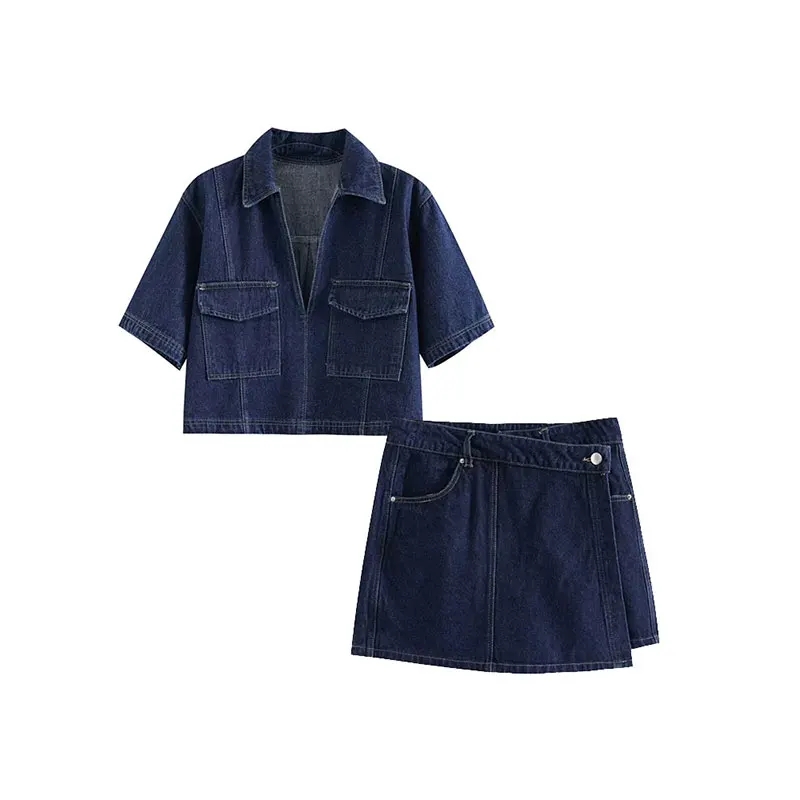 Sommer denim todelt sæt korte ærmer lommer dame top mini nederdel shorts afslappet dame 2 sæt  y2k: L / Blå