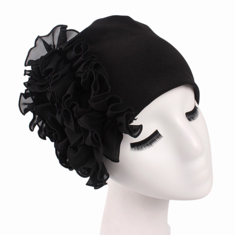 Frauen Muslimischen Rüschen Blume Turban Motorhaube Hütte Bandana Chemo Kappen wickeln Kopftuch: Schwarz