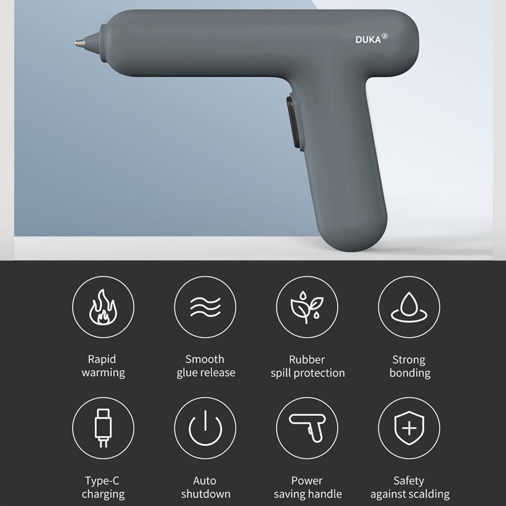 DUKA Portable Electric Melt Glue Machine Cordless Melt Applicator Rechargeable Glue Extrusion Tool with 8 Glue Sticks