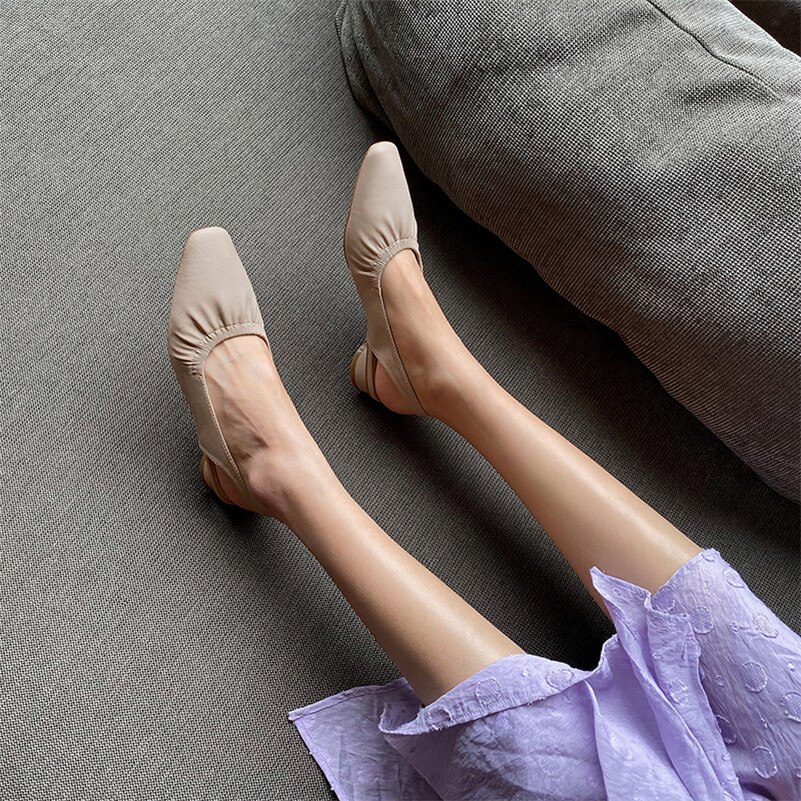 Meotina kvinnor pumps veckade lågklackade slingbacks skor fyrkantig tå blockklackar klänning kvinnliga skor sommar aprikos beige 34-39