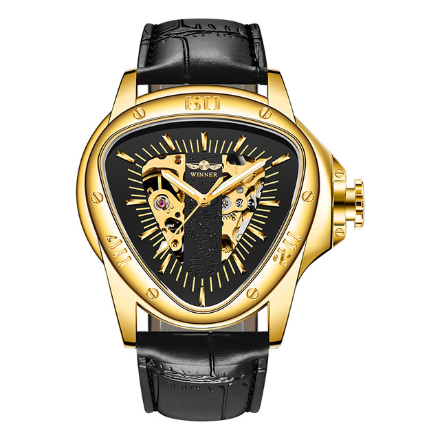 Jaragar-reloj mecánico automático para hombre, cronógrafo con correa de cuero, esfera triangular única, deportivo, Masculino: gold