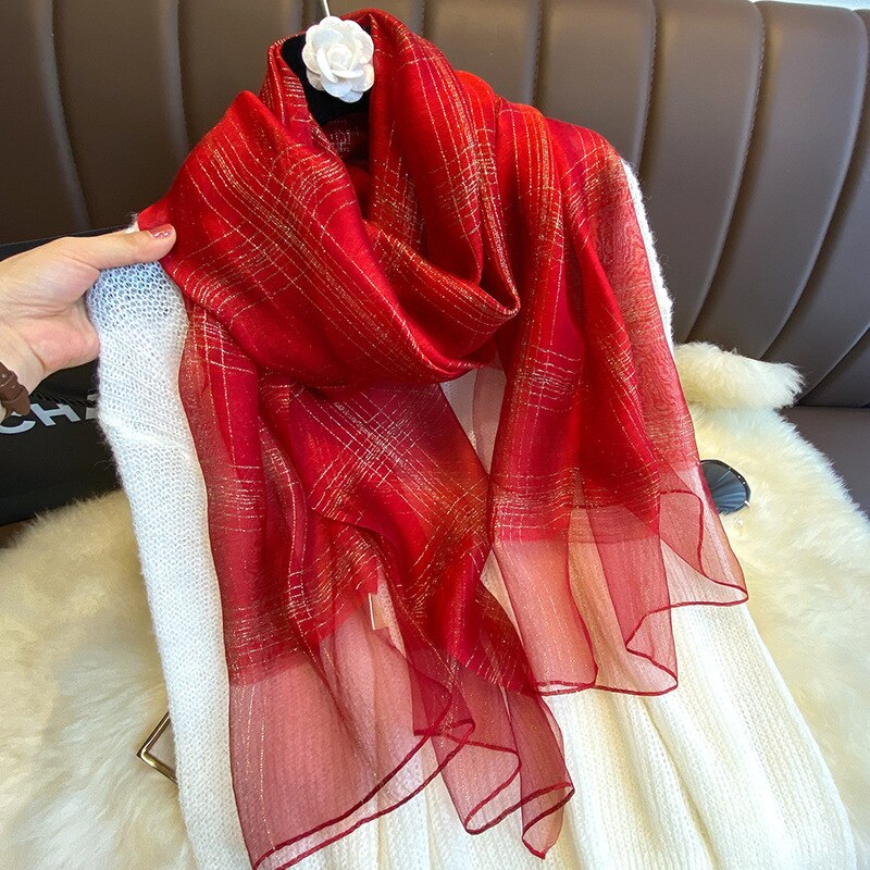 Autumn And Winter Silk Scarf Women's Temperament Gold Long Shawl Dual-Purpose Silk Scarf: Red