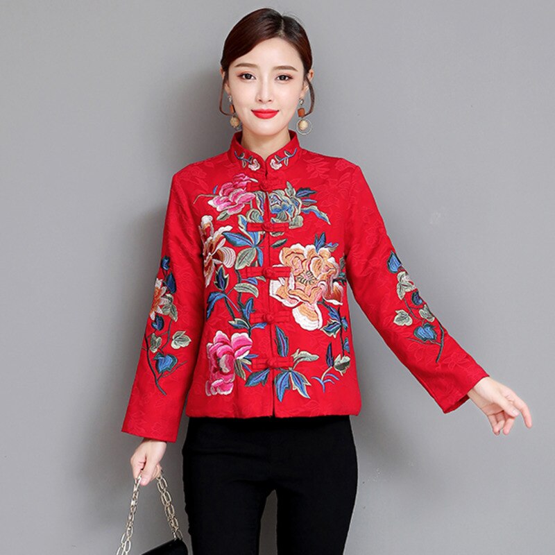 Manteau chinois Harajuku brodé pour femme, Style ethnique noir, , Slim, court, rouge,