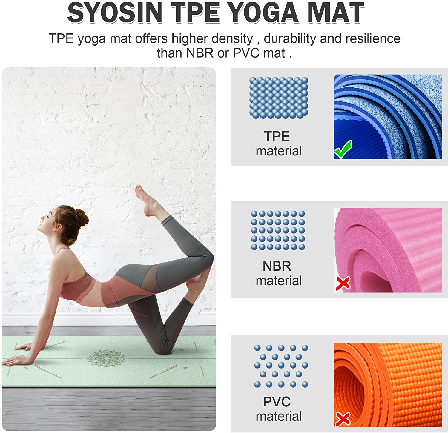 BAIYING Esterilla Yoga, TPE Antideslizante Colchoneta de Yoga para Entrenamiento en casa y Gimnasio Ejercicio, Esterilla Fitness para Yoga, Pilates, Deporte, 183mm x 61mm x 6mm