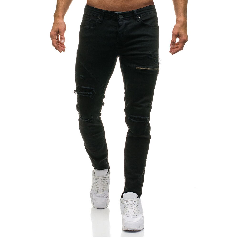 DOUDOULU Men's Casual Skinny Denim Stylish Zipper Jeans Casual Holes Denim Pants harem pants jogger sweatpants hombres #SS: Black / XXL