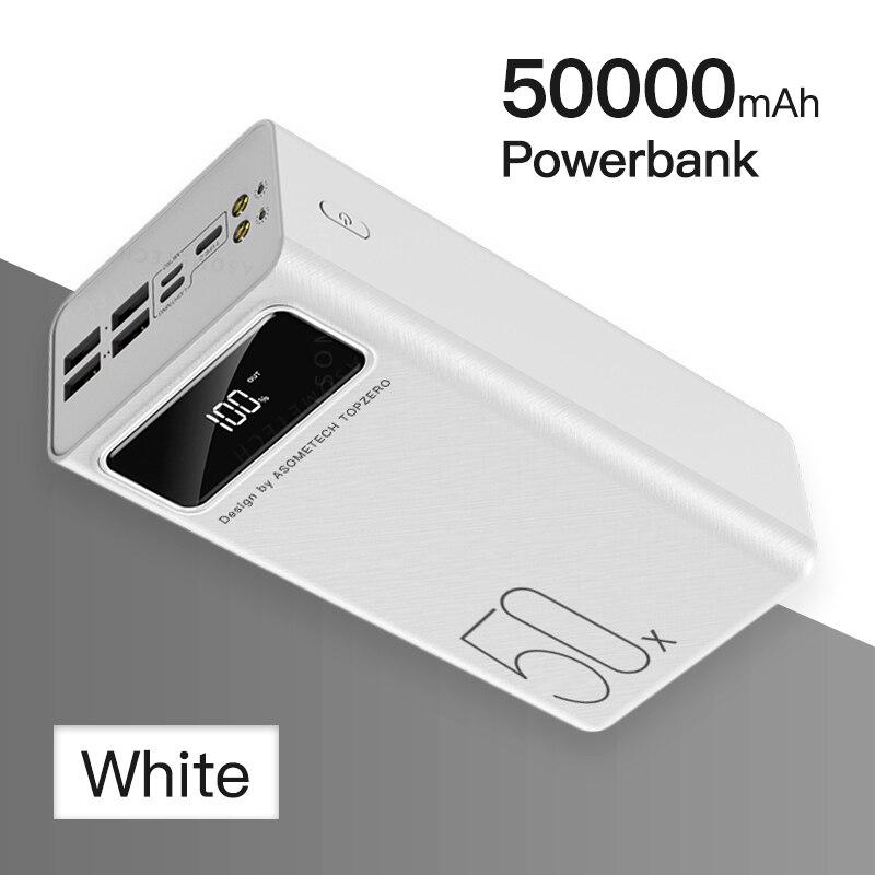 ASOMETECH 50000mAh Power Bank Dual USB Fast Charging External Battery Powerbank Digital Display Portable Charger for iPhone 11: White