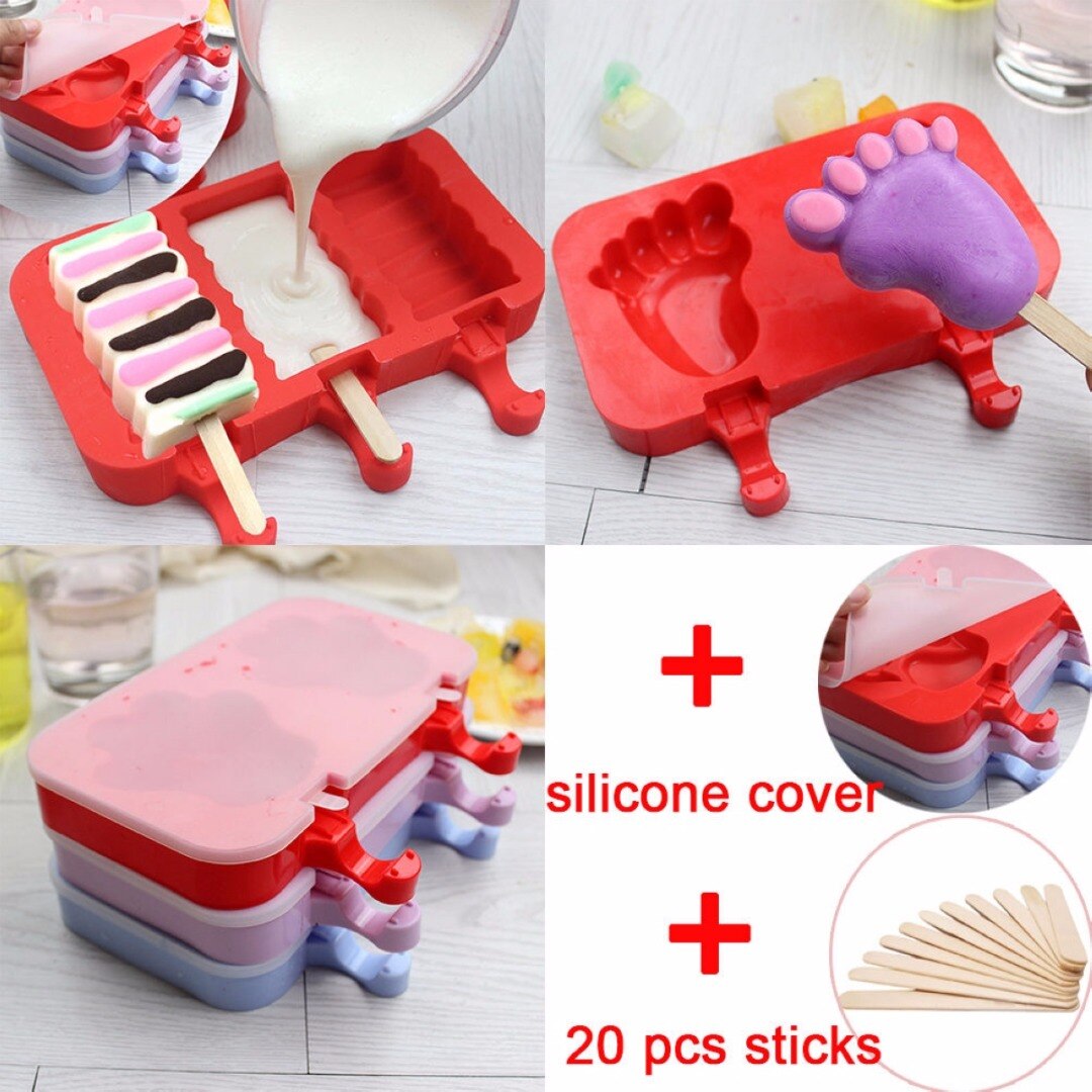 Ice Cream Mould Frozen Pan Ice Pop Mold Tray W/ 20Pcs Sticks & Silicone Cover