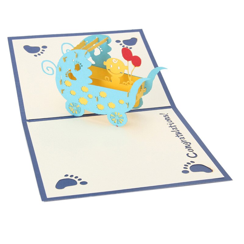 3D Baby CarriagesGreeting Karte Pop hoch Papier schneiden Postkarte Geburtstag Party: Blau