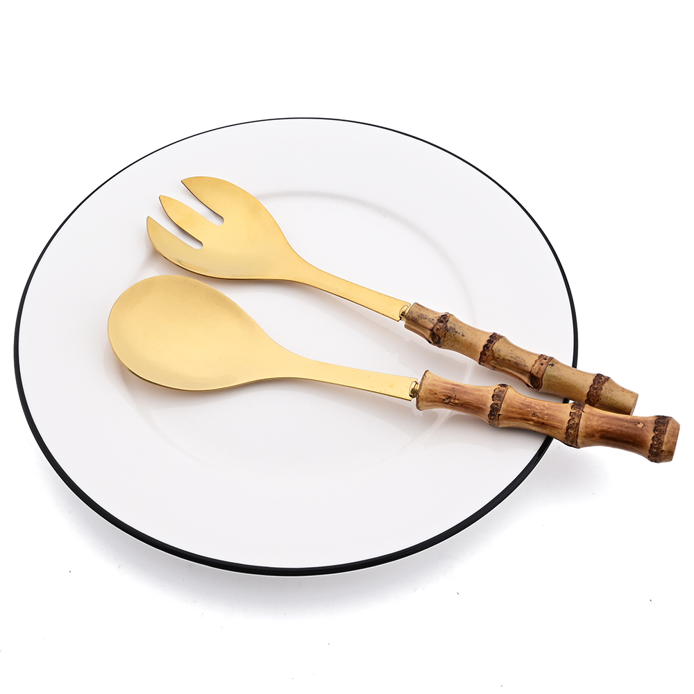 Juego de cubiertos de cocina con mango largo, cuchara para ensalada, tenedor, vajilla de acero inoxidable, mango de madera de bambú, 2/4 Uds.