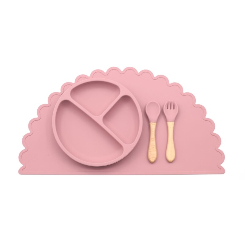 4 Stuks Baby Siliconen Verdeeld Diner Plaat Lepel Vork Placemat Set Training Feeding Gebruiksvoorwerp Gerechten Servies Kit: dusty rose