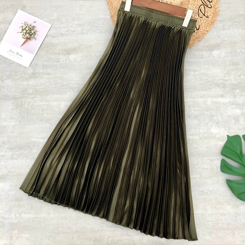 Forår kvinder midi nederdele metallic farve skinnende plisseret nederdel ensfarvet sølv guld lang nederdel satin femme jupe kontor dame: Grøn