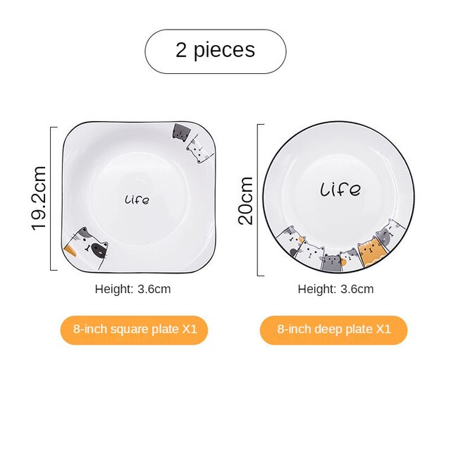 Cute Ceramic Plate Household Plate Cat Tableware Cartoon Plates Breakfast Tray Cake Plate on Plate Utensils KEDICAT: Cat plate set b