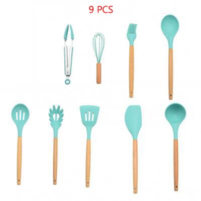 Kitchenware Set Kitchen Utensils Green 11 Piece Set Of Wooden Handle Silicone Nonstick High Temperature Silicone Spatula: Green-13