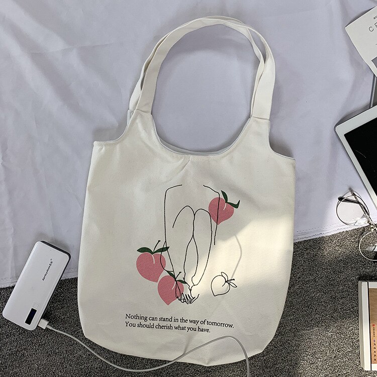 Women Canvas Shoulder Tote Bag Chic Fruit Printed Cotton Cloth Shopping Bags Female Handbag Ins Reusable Beach Shopper Bag