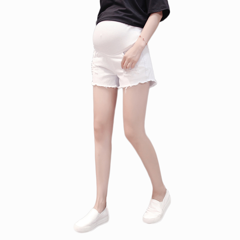 Sort/hvid gravide kvinder sommer cut-off bomuldshorts huller barsel højtalje justerbare denim jeans